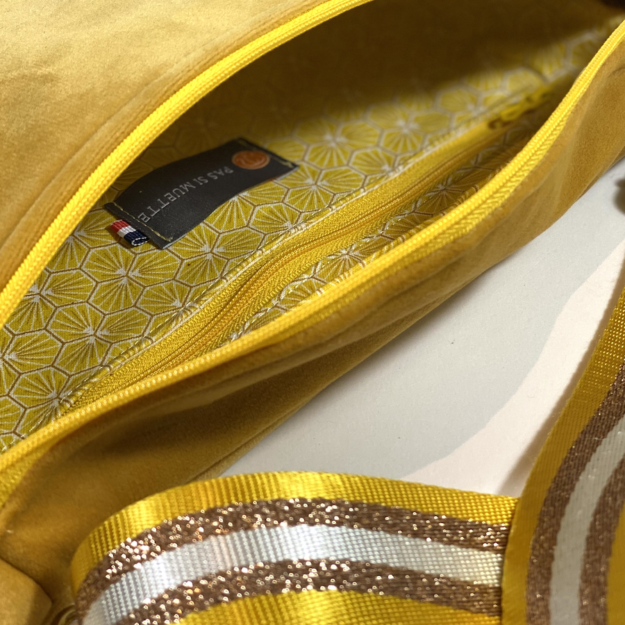 Sac banane, velours jaune safran, PAS SI MUETTE, fabrication française