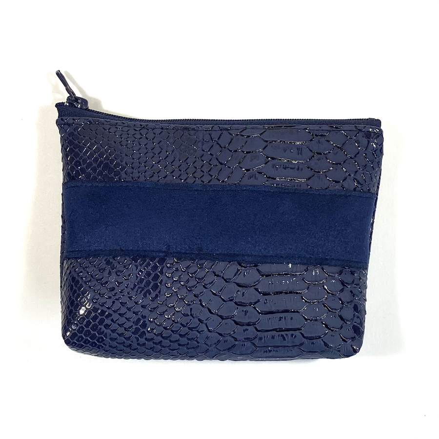 Trousses passeport et cartes, simili cuir effet python, bleu marine, format passeport, bande suedine, Pas Si Muette, accessoires, idée cadeau, fabrication française