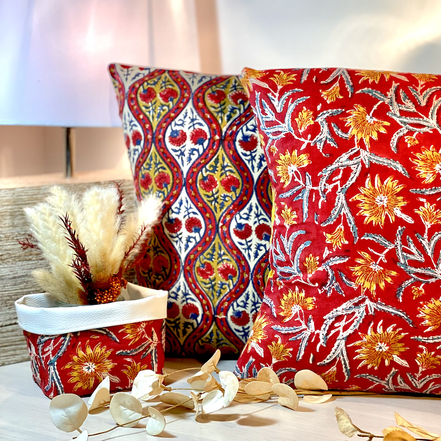 Corbeille, décoration, fabrication française, tissus Indien, block print, corbeille rangement, idée cadeau, coussin