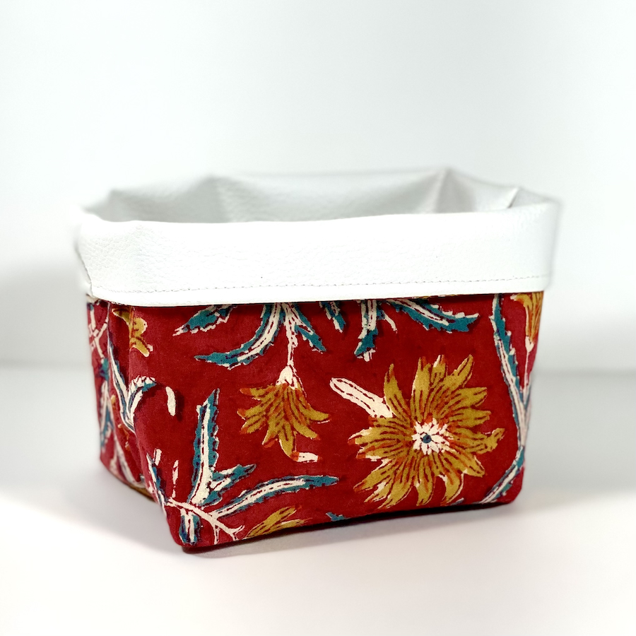 Corbeille, décoration, fabrication française, tissus Indien, block print, corbeille rangement, idée cadeau, tournesol rouge