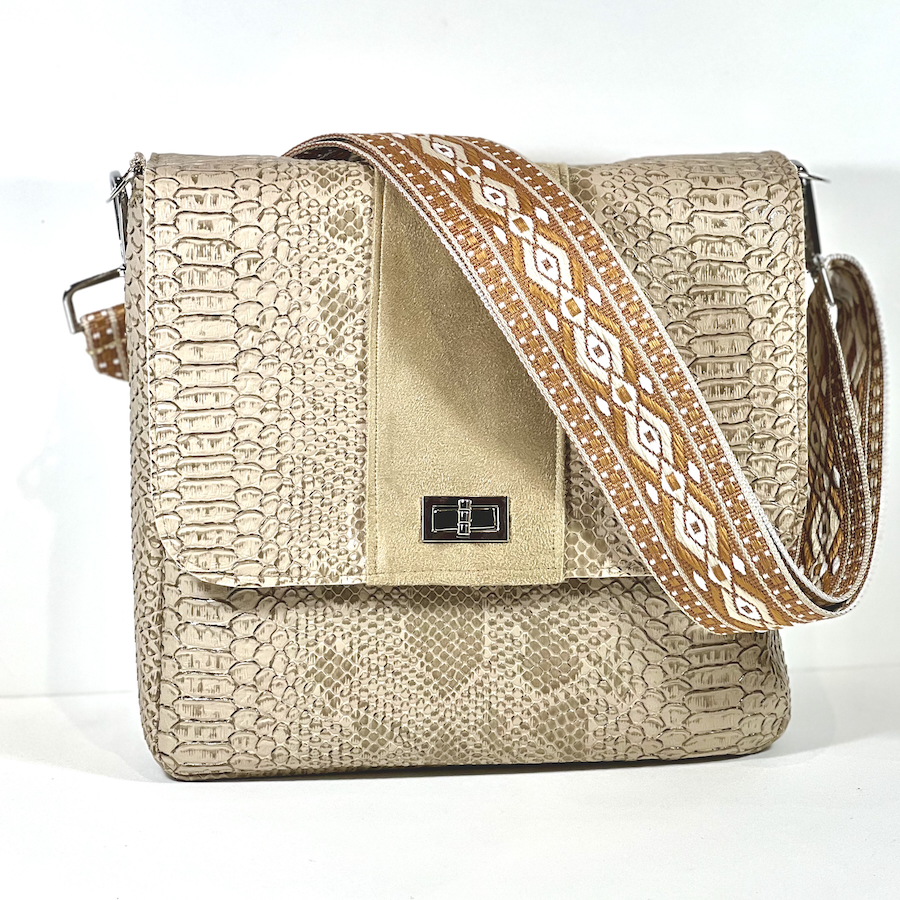 Sac à main, Pas Si Muette, sac 400, fabrication française, sac à rabat, simili cuir python, Taupe, idée cadeau