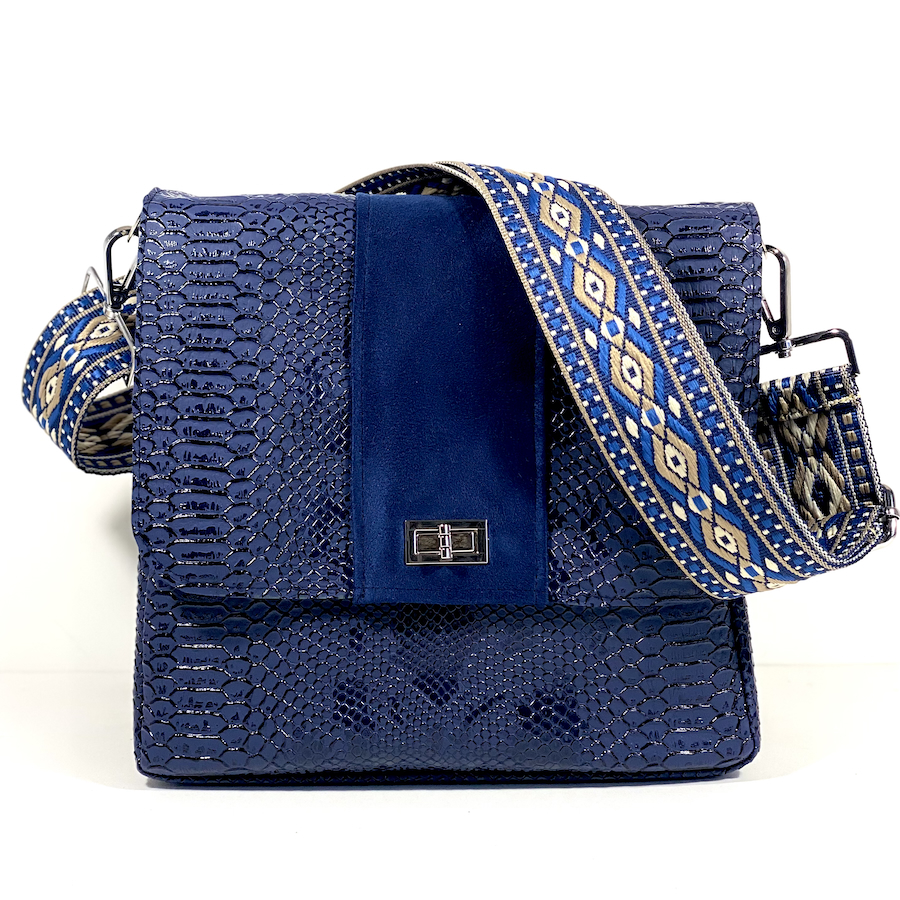 sac à main, Pas Si Muette, sac 400, fabrication française, sac à rabat, simili cuir python, bleu marine, idée cadeau
