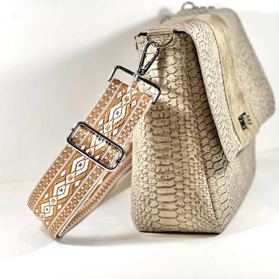 Sac à main, Pas Si Muette, sac 400, fabrication française, sac à rabat, simili cuir python, Taupe, idée cadeau