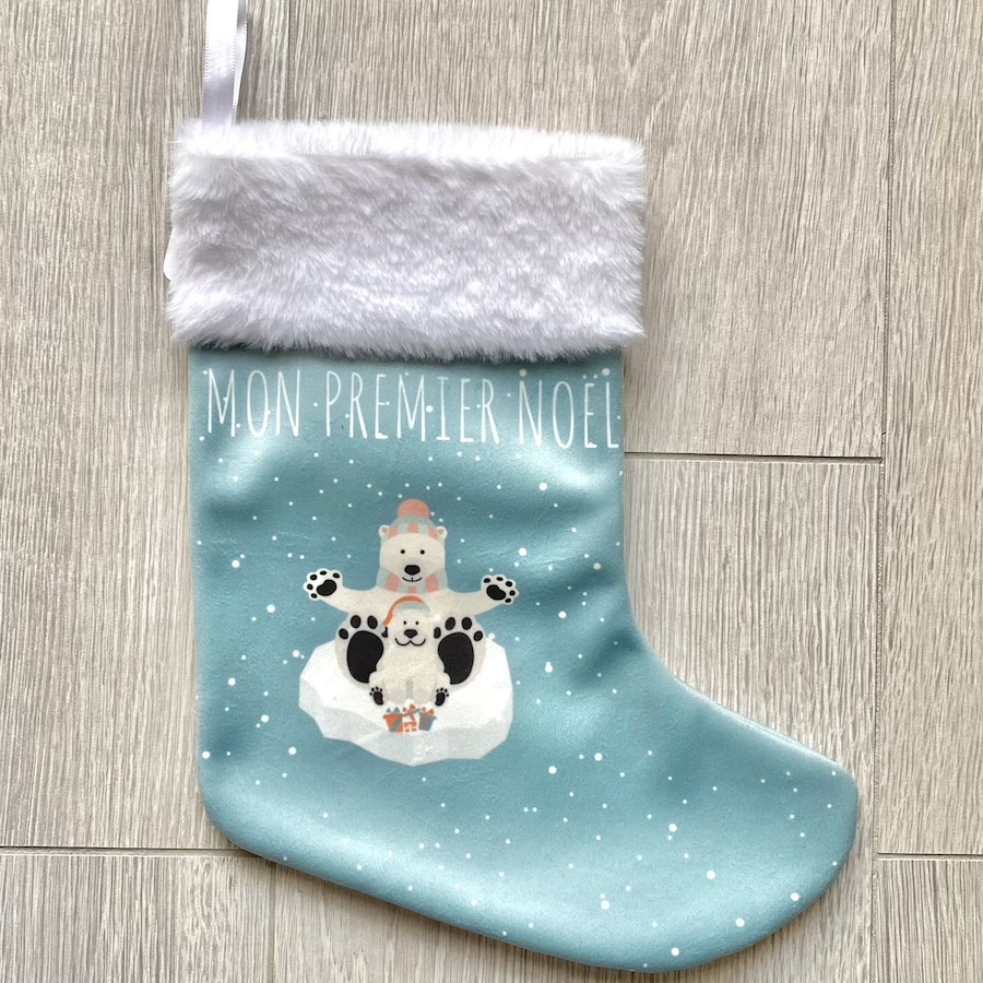Chaussettes de Noël à suspendre. Fabrication Française. Pas Si Muette. Chaussette de cheminée, Mon premier Noël bleu glacier. Décoration de Noël.