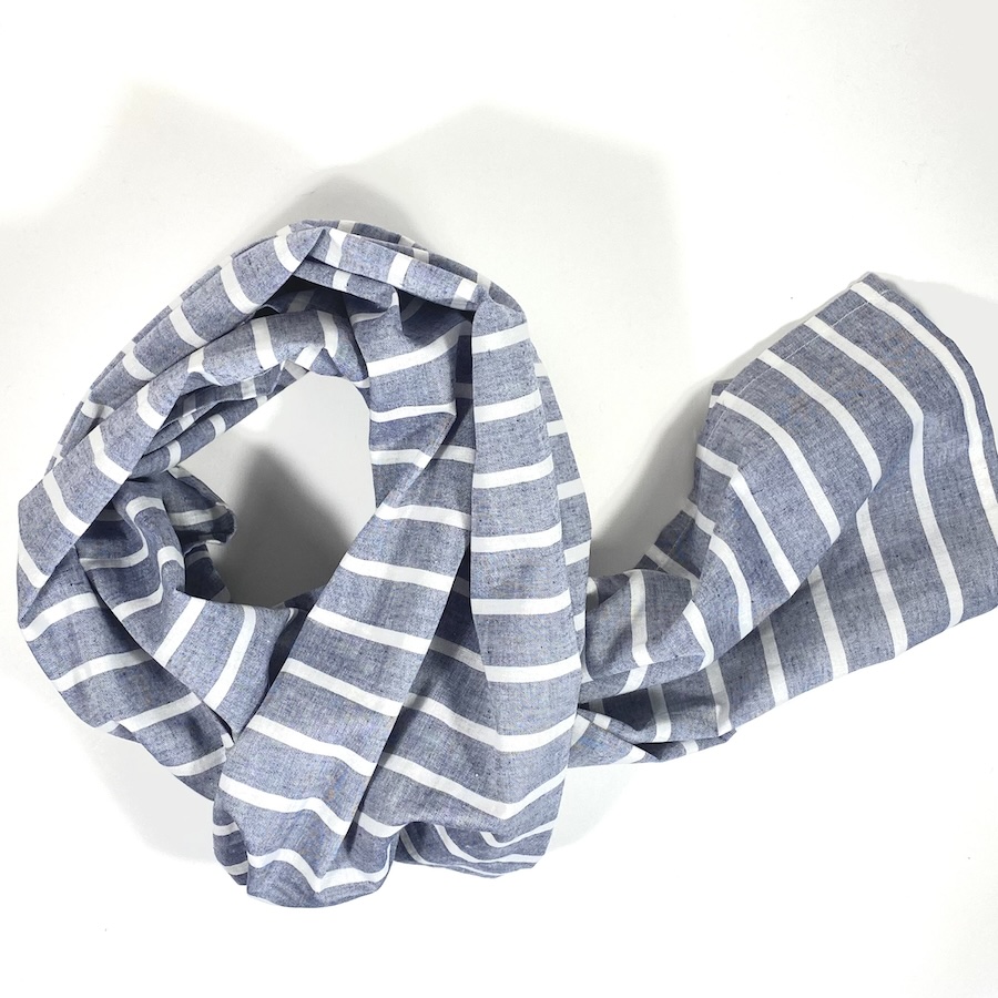 Chèches coton, Pas Si Muette, Oxford rayures denim et blanc. Fabrication française. Idée cadeau