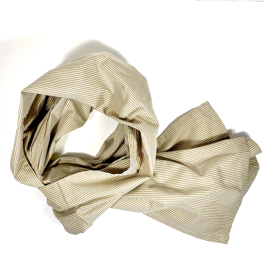 Chèche coton, Pas Si Muette. Popeline rayures milleraies beige. Fabrication française. Idée cadeau