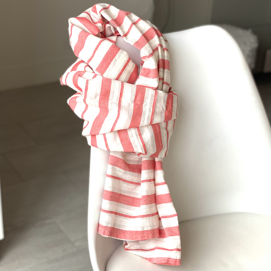 Chèche coton, Pas Si Muette. Coton et lin, rayures rouge et blanc. Fabrication française. Idée cadeau