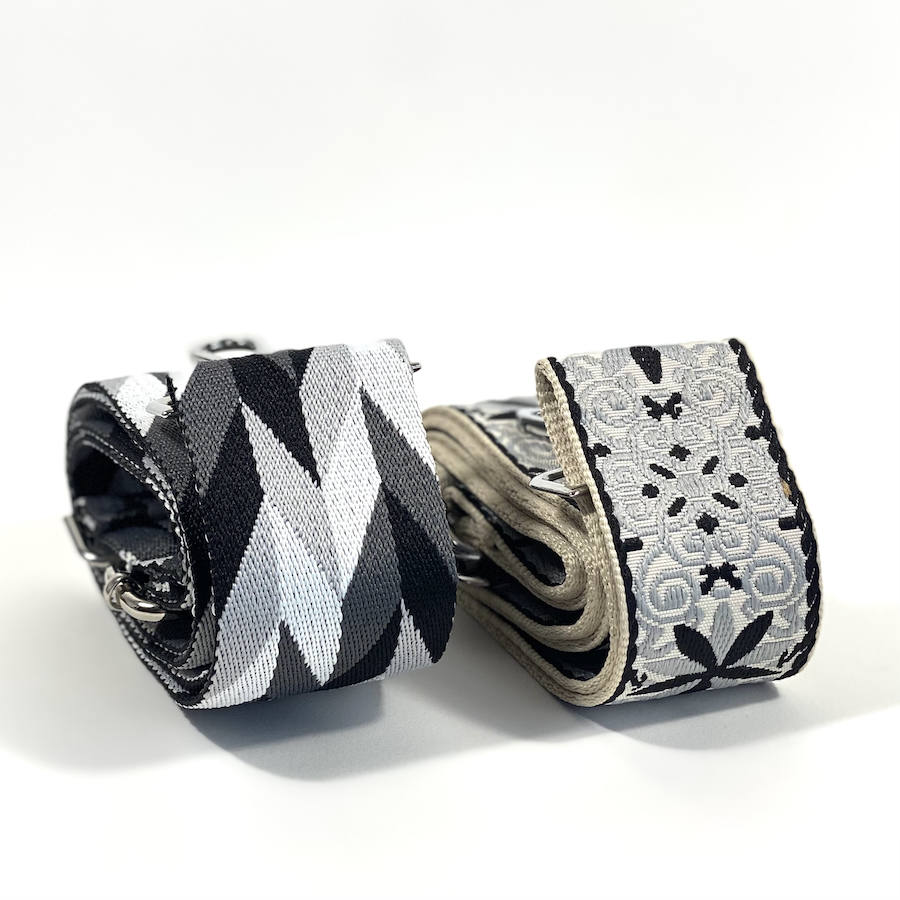 Sangles de sac 48mm Losanges. Sangles de sac à main monochrome gris noir. Sangles reglables, ajustables. Boucle argent. Idée cadeau