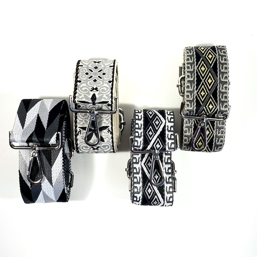 Sangles de sac 48mm Losanges. Sangles de sac à main monochrome gris noir. Sangles reglables, ajustables. Boucle argent. Idée cadeau
